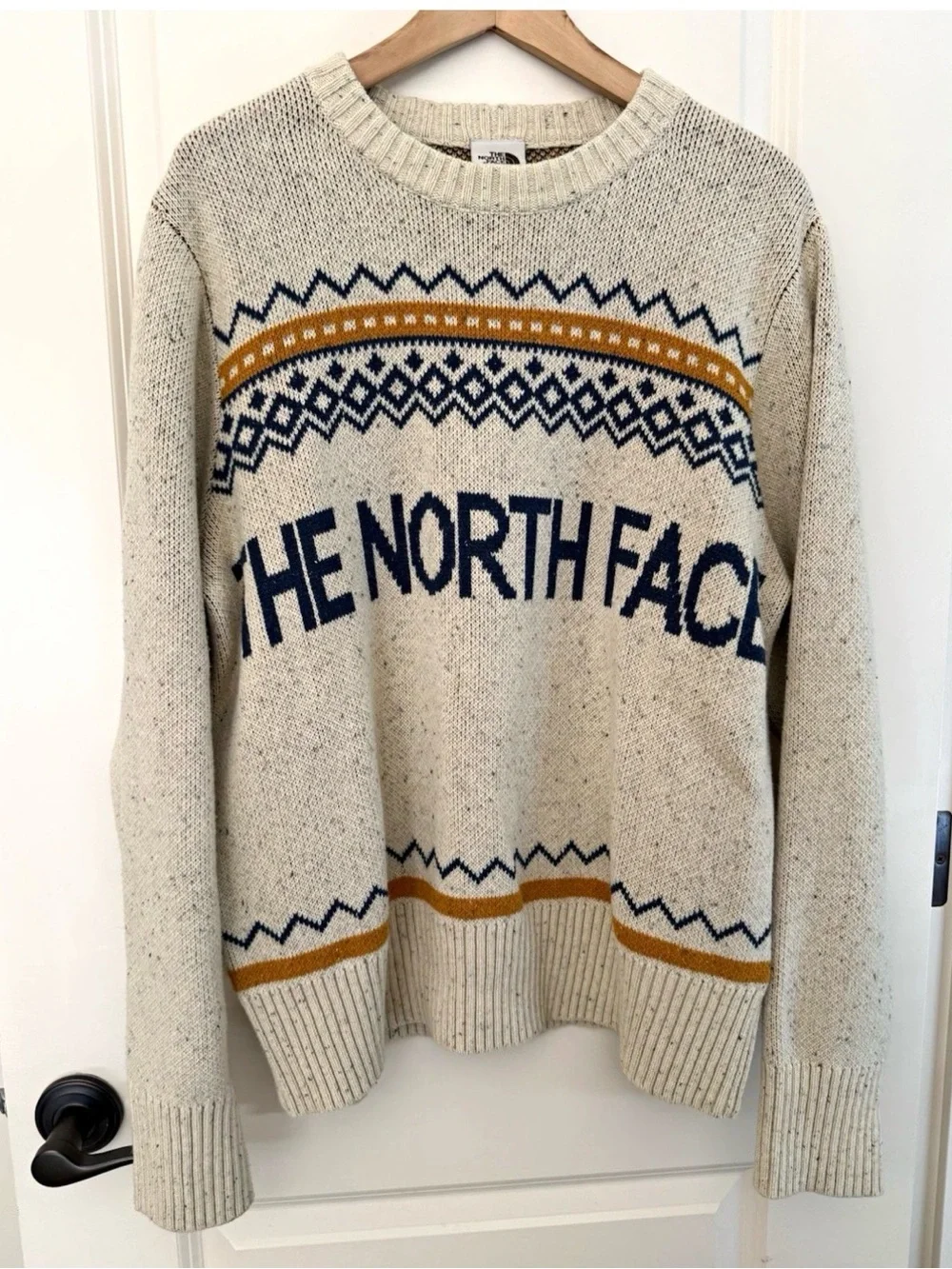 The North Face Crestview Jacquard Retro Sweater Cream Nordic Fair Isle Mens Sz L